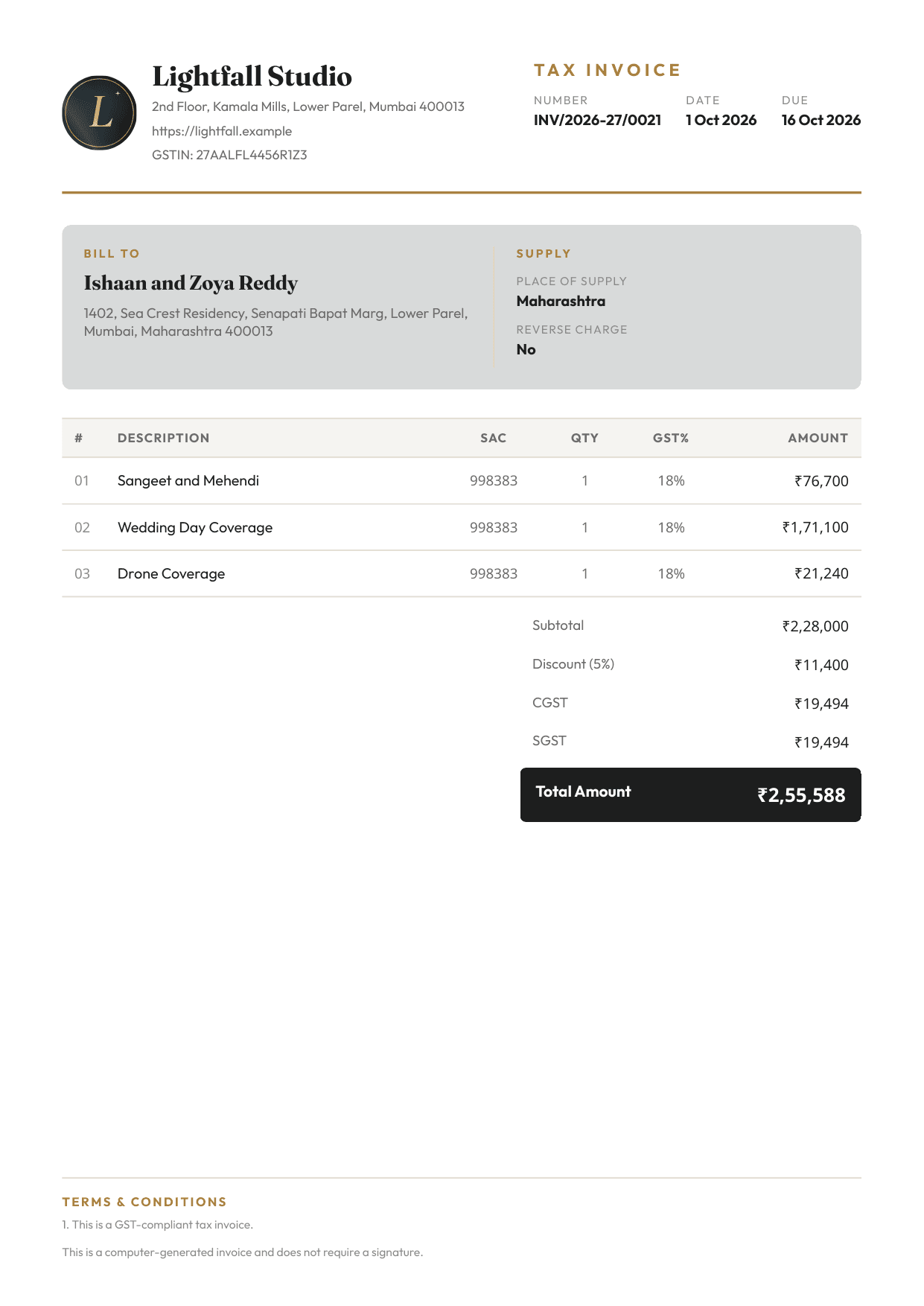 Matching Lightfall Studio tax invoice INV/2026-27/0021